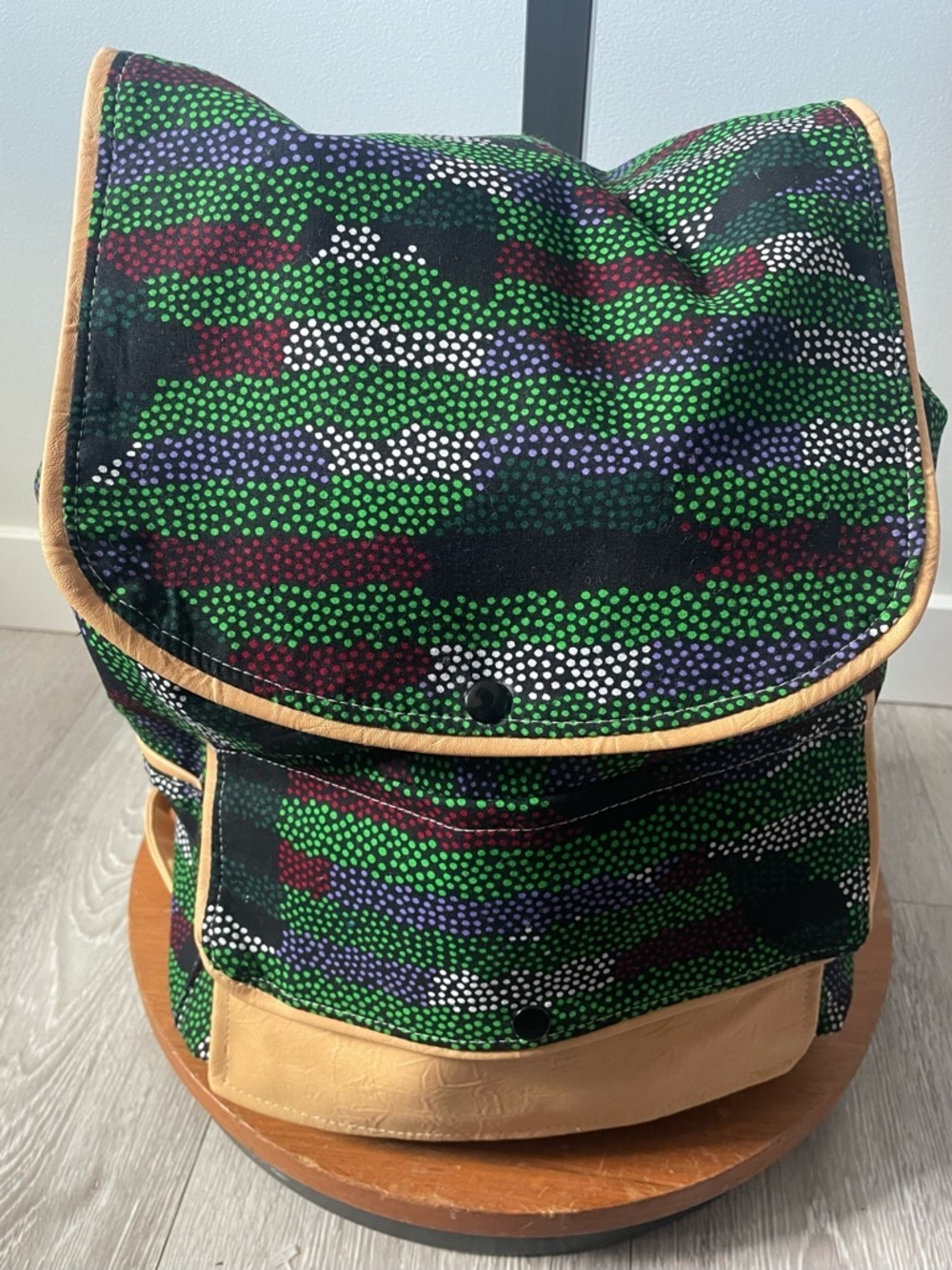 Watoto Collection Handmade Canvas & Faux Leather Drawstring Backpack Green Boho